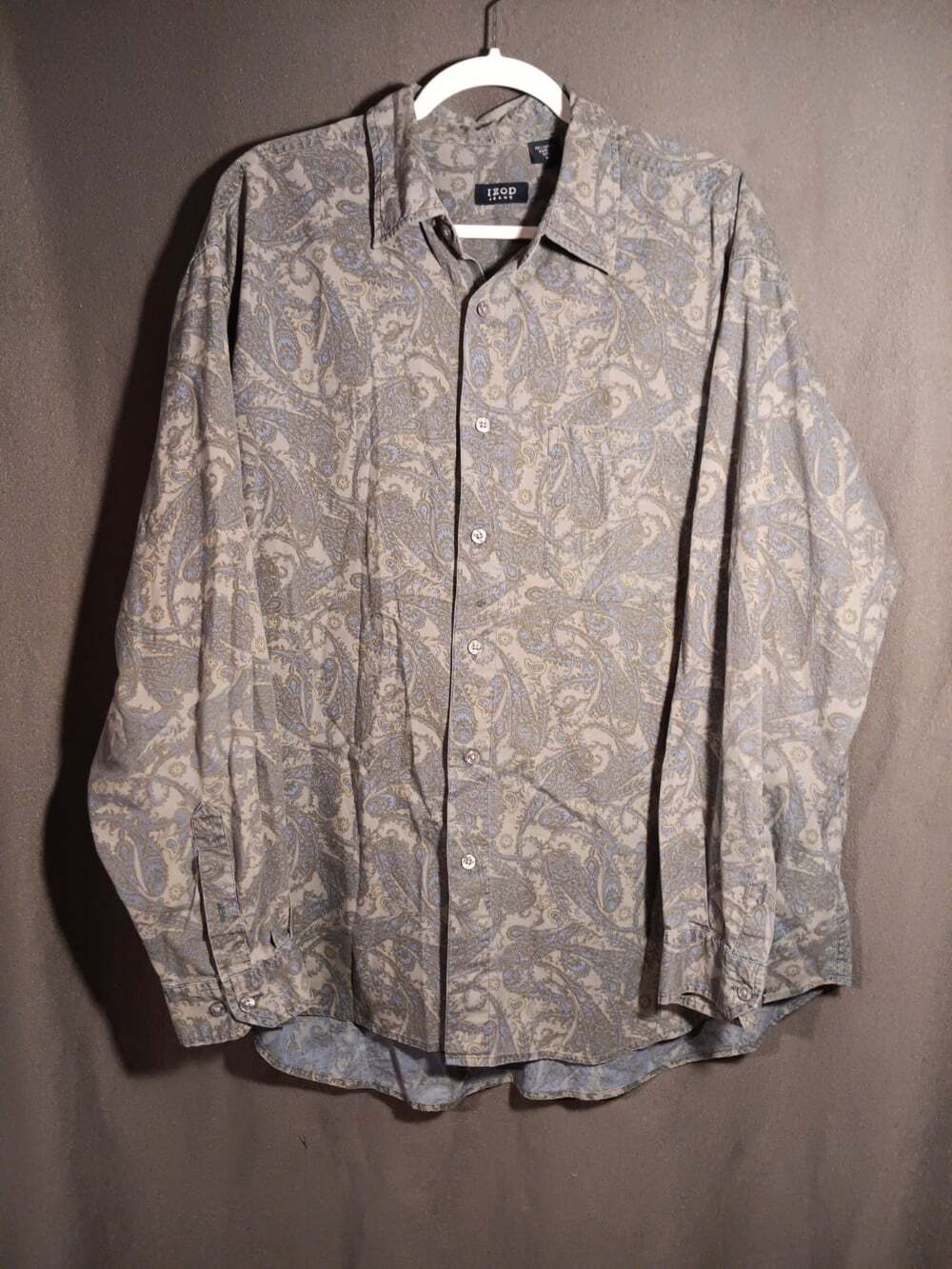 Vintage 90s IZOD XL Tan Blue Paisley Swirl Long Sleeve Cotton Button Down Shirt